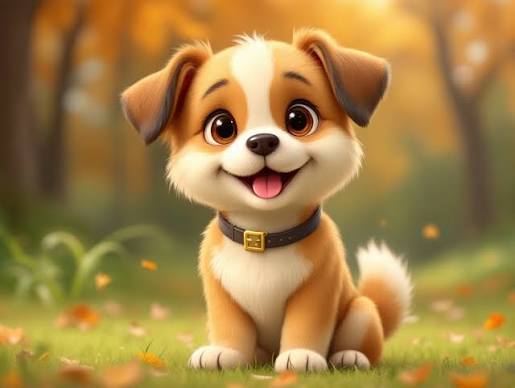 Expressive cartoon puppy character render in autumn foliage