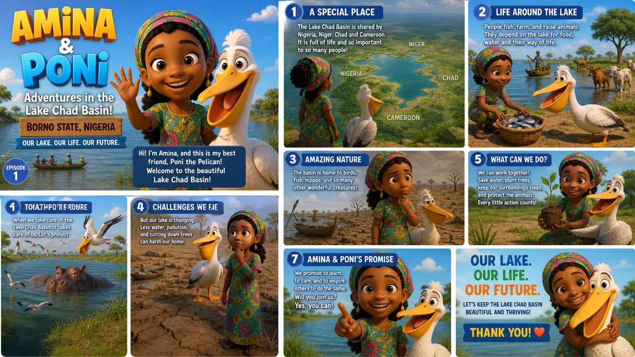 Amina and Poni educational comic book layout about Lake Chad Basin