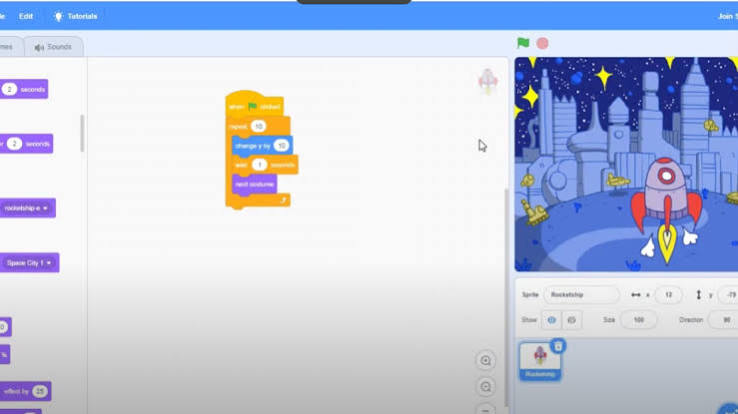 Scratch rocket launch animation with loop blocks