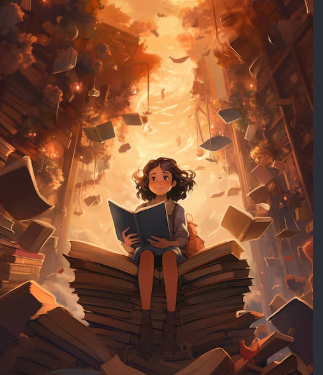 Student surrounded by levitating books in a magical library