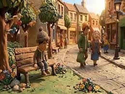 Claymation style village square with miniature characters
