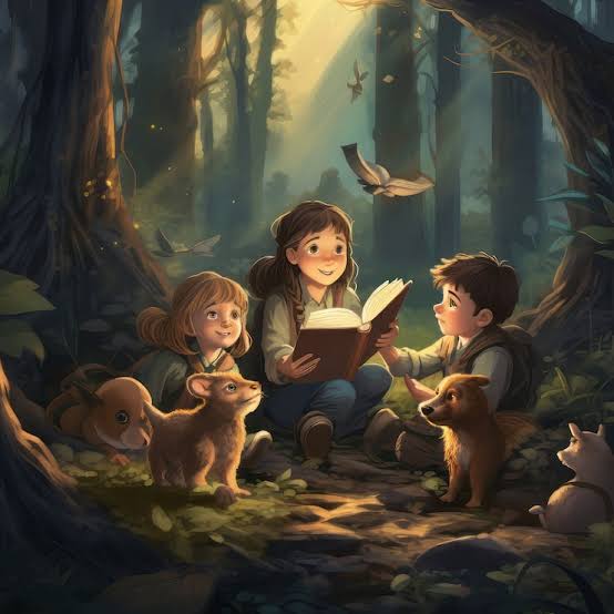 Illustrated children reading a storybook with forest animals