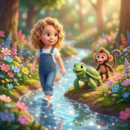 Illustrated girl walking a magical river with a turtle and monkey