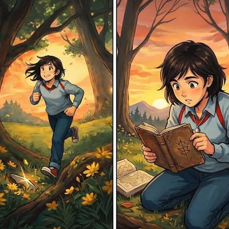 Split-screen illustrated comic panels of a child exploring a forest