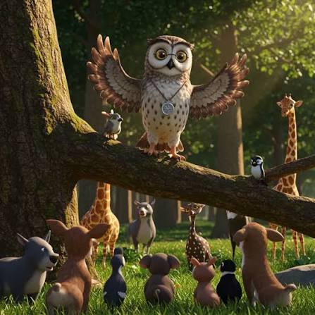 The wise owl forest assembly scene with woodland animals gathered on a branch