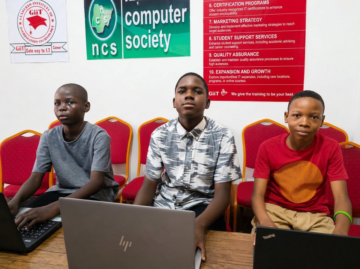 Three GiiT students presenting their computer projects on laptops
