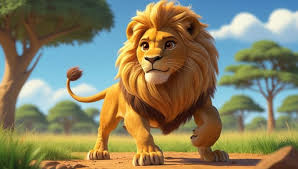 Majestic stylized lion walking through open savannah plains