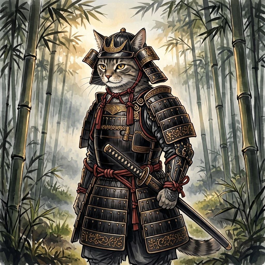 Samurai feline forest concept art with bamboo and traditional armor