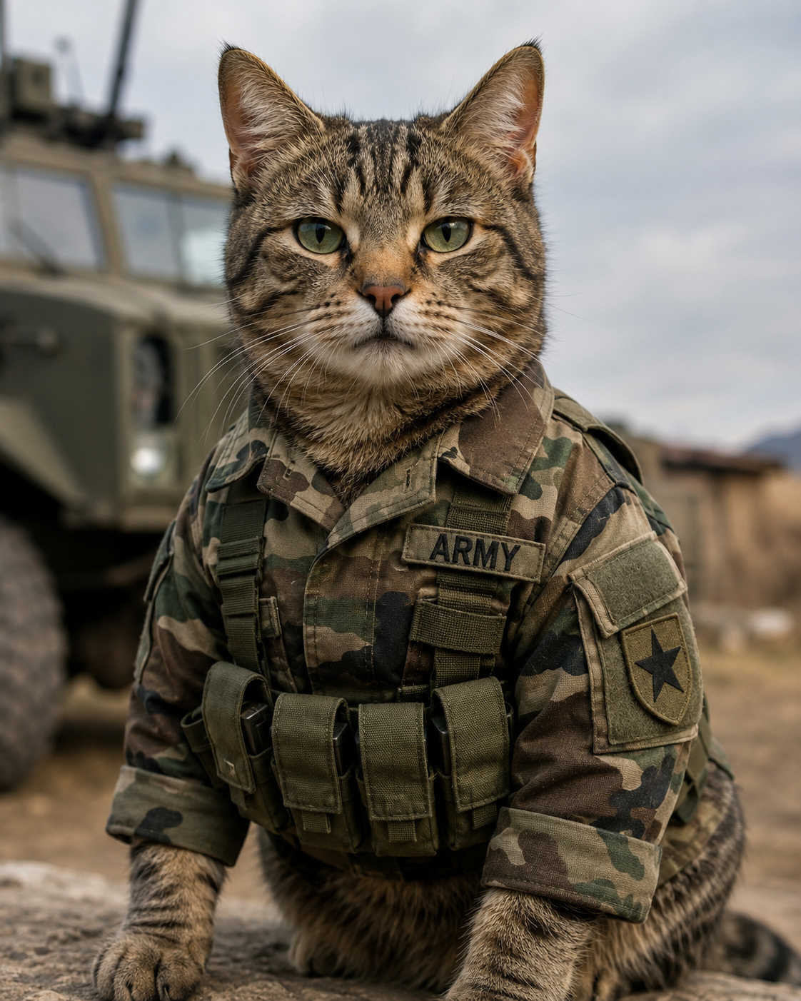 Tactical sergeant cat character design in army camouflage uniform