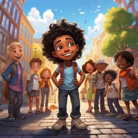Diverse group of cartoon children gathered on a city street