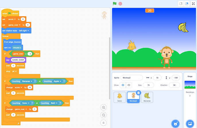 Scratch monkey and Gobo banana catch game with code blocks