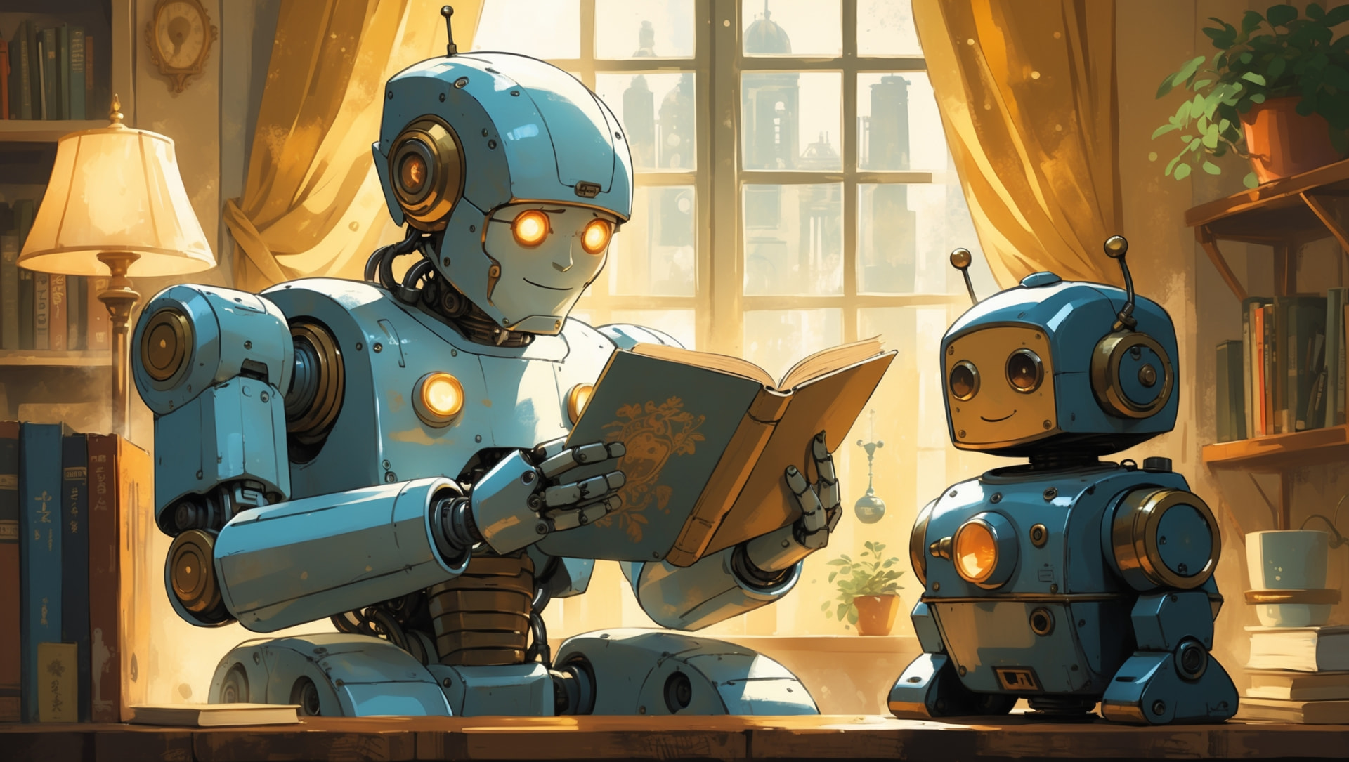 Elder robot reading a storybook to a younger robot apprentice