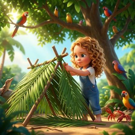 Child weaving palm leaves into a jungle survival hut with tropical birds