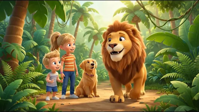Friendly lion walking with children and a dog on a sunny jungle path
