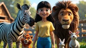 Young character standing with a zebra, lion and rabbit in a sunny farmyard